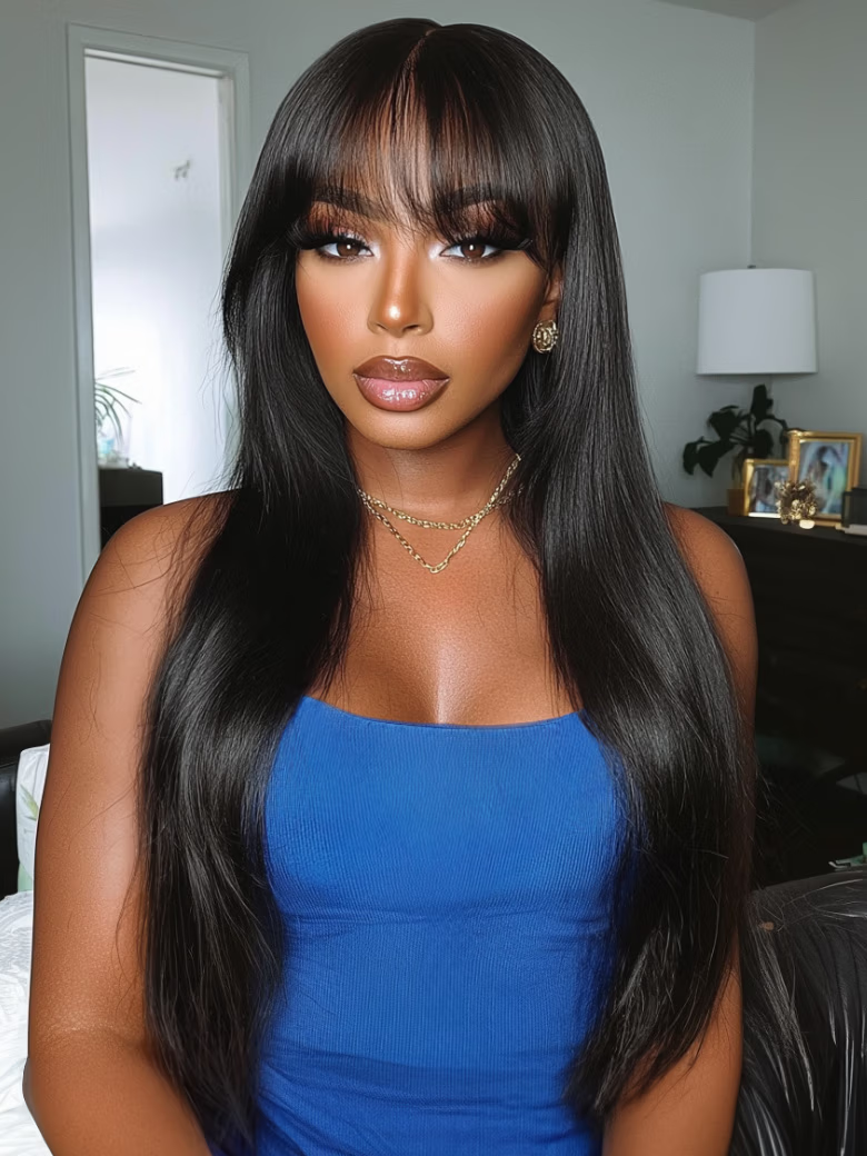 Beautyforever Yaki Straight Bangs Wig With Breathable Cap Machine Made